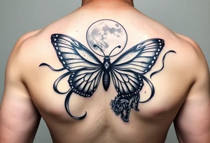 ethereal butterfly with flowing silk ribbons in moonlight with panther tattoo idea