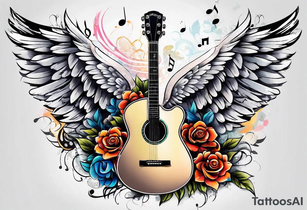 Microphone and musical notes and guitar and wings and female tattoo idea