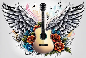 Microphone and musical notes and guitar and wings and female tattoo idea