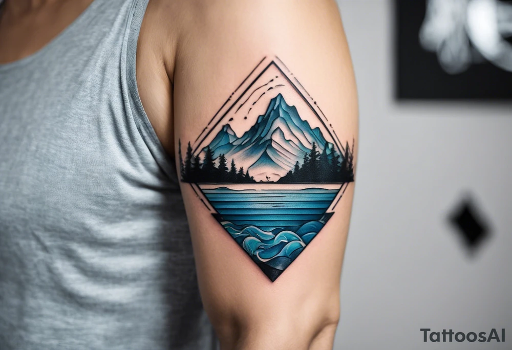 This is a minimalistic tattoo split into 2 distinct sections; a top half and a bottom half. The top half is a mountain in Norway with a windy mountain bike trail wrapping around the mountain. The bottom half of the tattoo depicts an underwater ocean scene, featuring blue water and sea life. tattoo idea