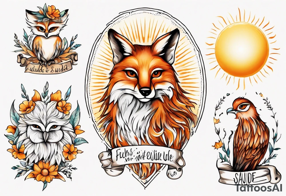 Fuchs und Eule unter der Sonne mit dem Schriftzug Sapere Aude tattoo idea
