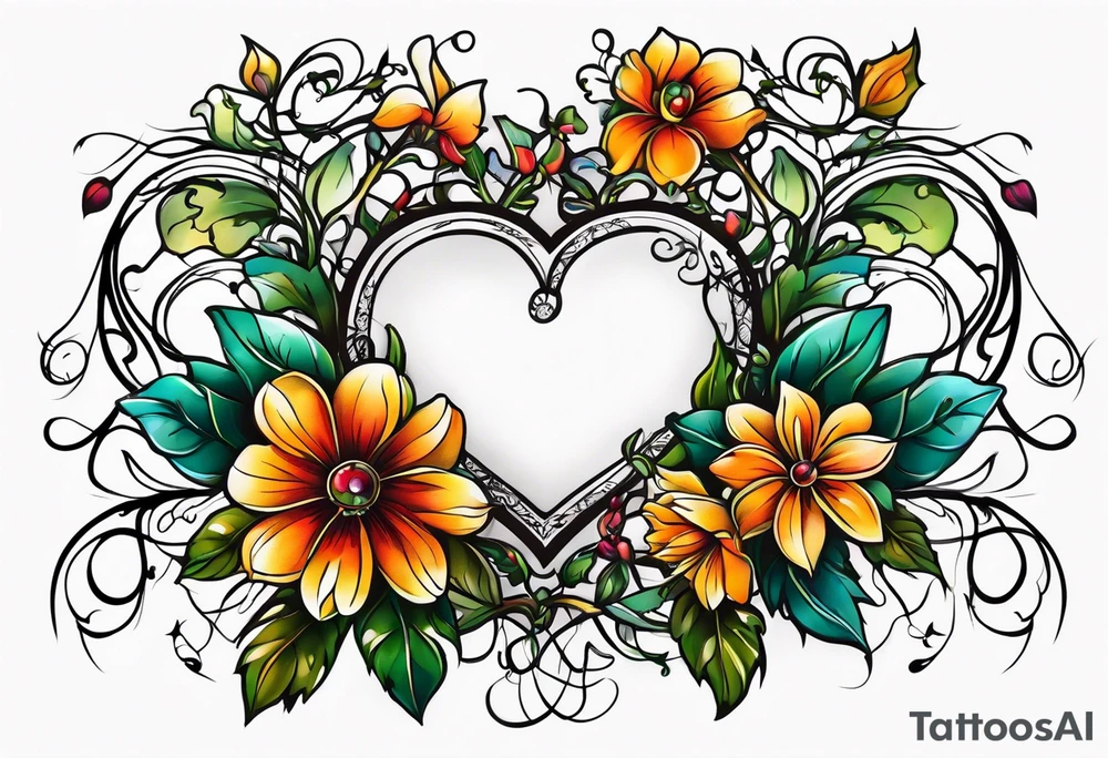 Time flowers leaves vine heart tattoo idea