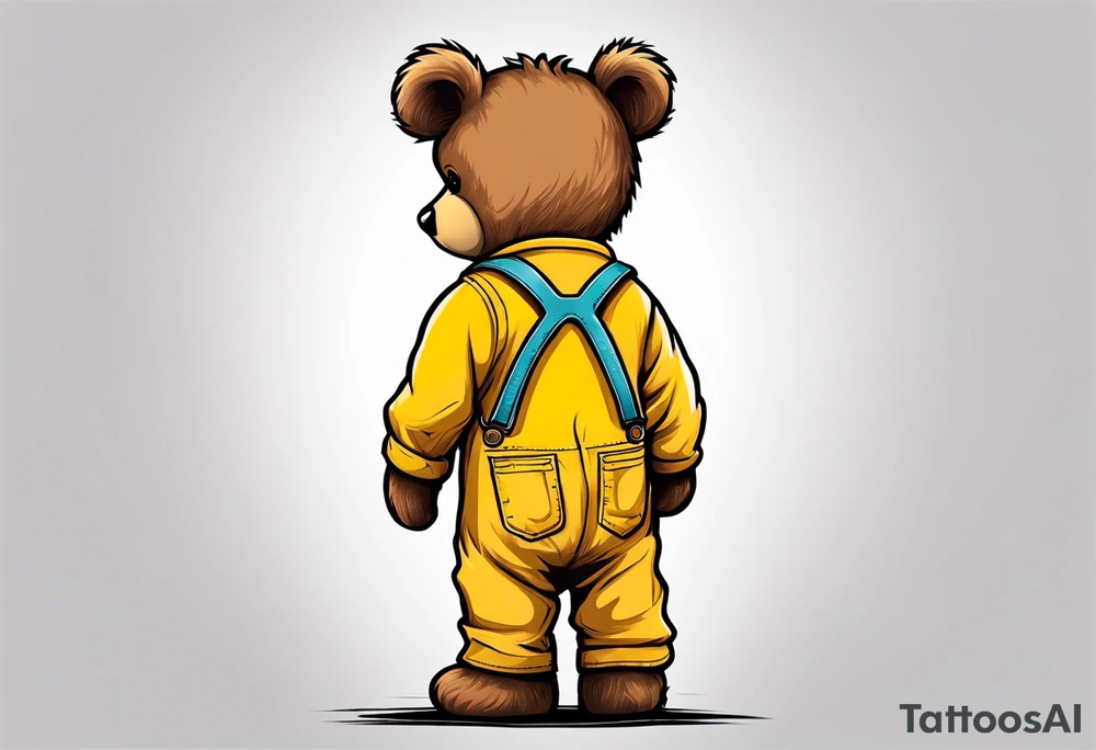 the back of a standing, skinny, brown ,
teddy bear in long, yellow overalls tattoo idea