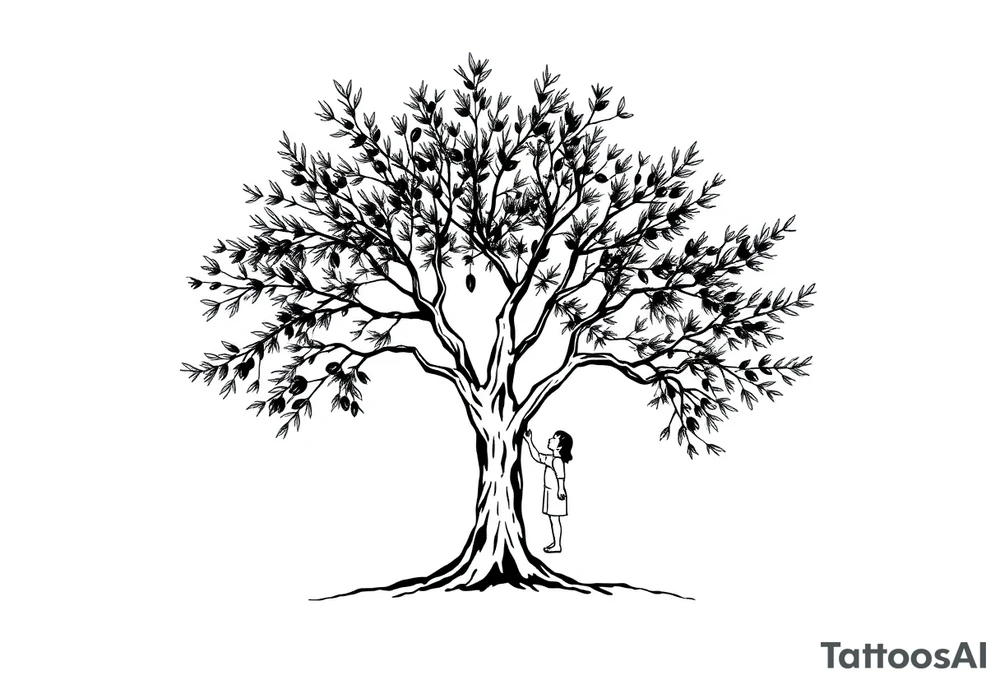 A big olive tree with a child and his parents picking it tattoo idea