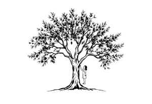 A big olive tree with a child and his parents picking it tattoo idea