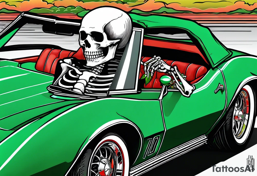 Skeleton smoking a cigarette driving a green 1976 convertible Corvette tattoo idea