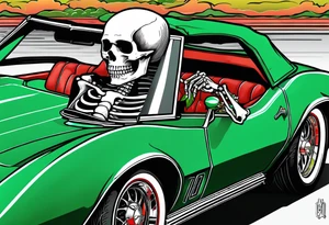 Skeleton smoking a cigarette driving a green 1976 convertible Corvette tattoo idea