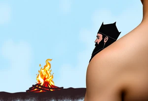 A silhouette of Jan Hus standing before a bonfire, with fiery orange and red shades blending into a deep blue sky. tattoo idea