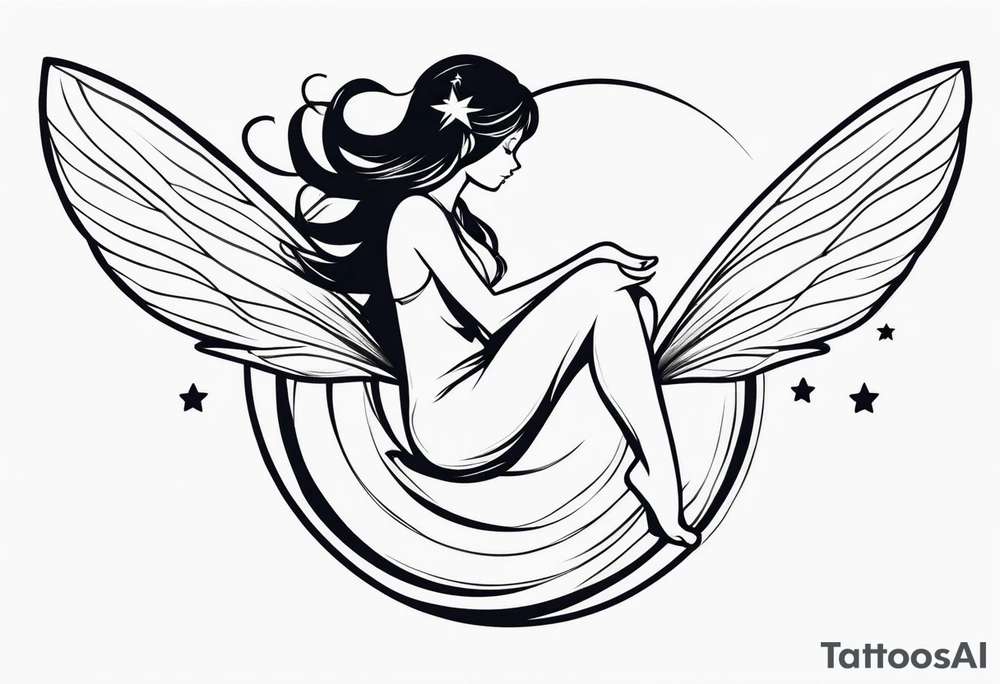 Minimalistic, monochromatic fairy with a tail flying to the left in a fetal position, leaning and looking in the same direction, with visible hands, embodying the 'Fairy Tail' logo aesthetic. tattoo idea