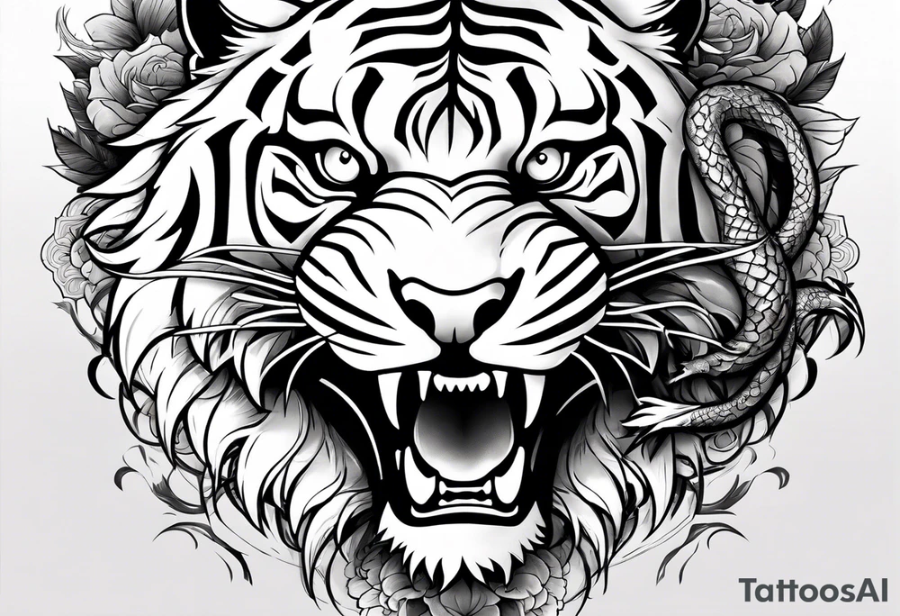 tiger on shoulder and dragon on bicep ying yang contrast tattoo idea