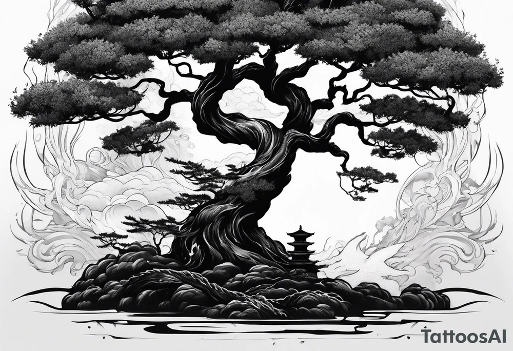 Black poison tree with shadowy japanese dragon tattoo idea