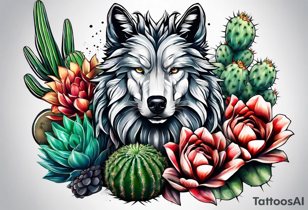 Lobo animal, cactos, flor tattoo idea