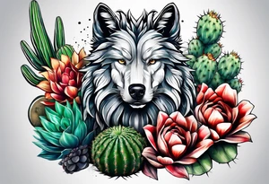 Lobo animal, cactos, flor tattoo idea