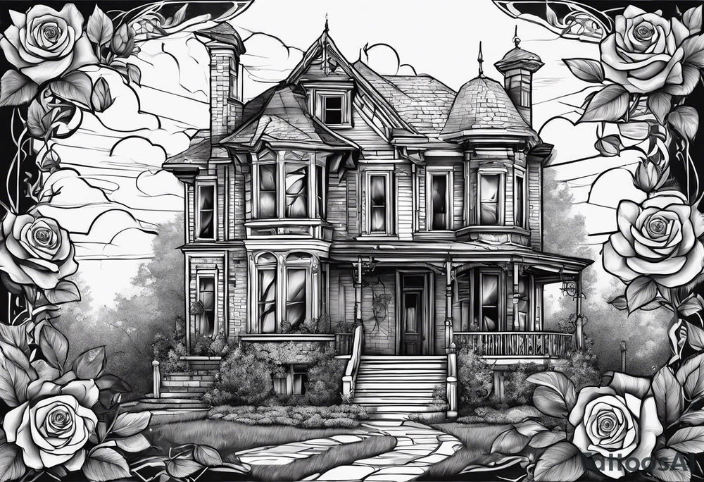 abandoned old house, broken sword, roses, тату рукав tattoo idea