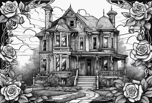 abandoned old house, broken sword, roses, тату рукав tattoo idea