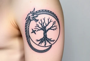 a dragon forming a circle with its body.  the dragon encircles the tree of life.  the dragon is eating the tree. the roots of the tree are strangling the dragon tattoo idea