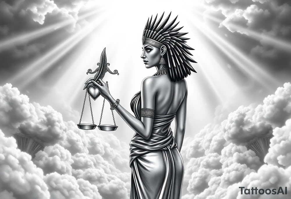 beautiful Egyptian goddess stands with her back slightly turned, accentuating her figure. Wearing a silk gown. She wears an elaborate ostrich feather headdress and ornate, intricate ancient Egyptian jewelry draped across her body. Her expression is mysterious and confident. In one hand, she holds the Scales of Justice: one side holds a radiant, glowing heart; the other, Ma’at’s feather. The scales themselves shimmer with an otherworldly light.
The background is a surreal, heavenly landscape filled with luminous clouds and beams of divine light piercing through, creating dramatic contrasts of deep shadows and highlights. The entire scene is bathed in an ethereal, mystical glow, with a dreamlike, almost supernatural atmosphere. tattoo idea