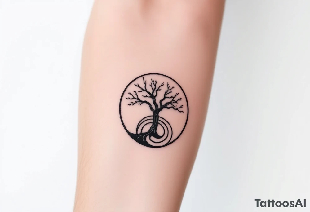 Tree encircled in a spiral circle coming from the center of the tree tattoo idea