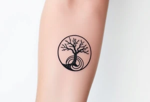 Tree encircled in a spiral circle coming from the center of the tree tattoo idea
