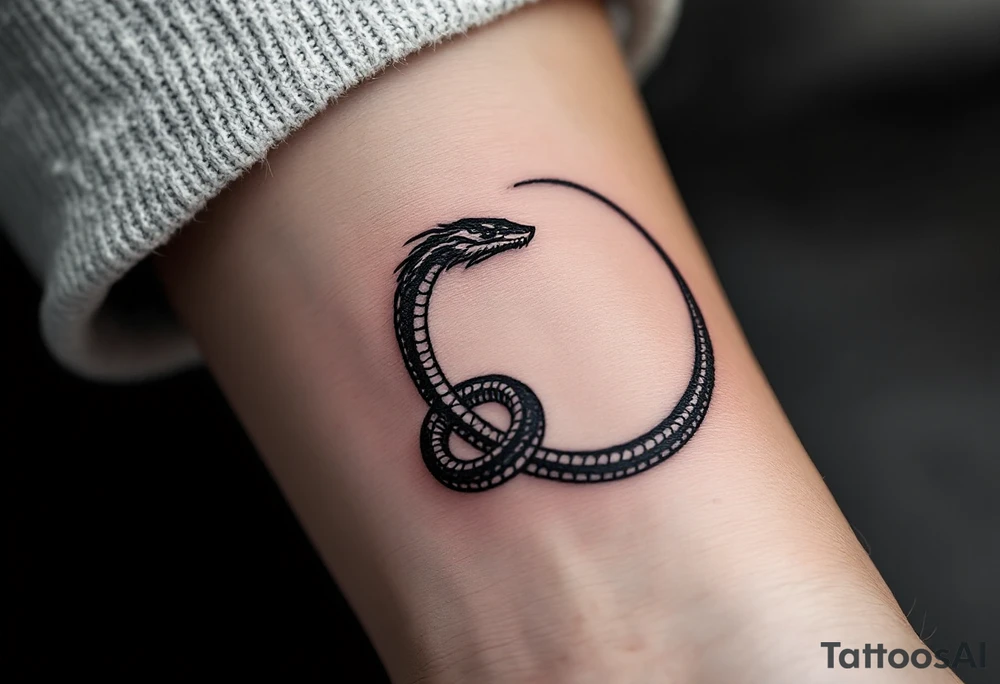 A minimalist Ouroboros snake forming cyrcle made from a single, unbroken black ink stroke tattoo idea