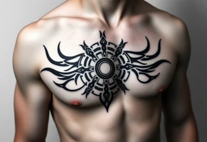 A tribal tattoo that tells a heros journey using circles that connect to the left arm tattoo idea