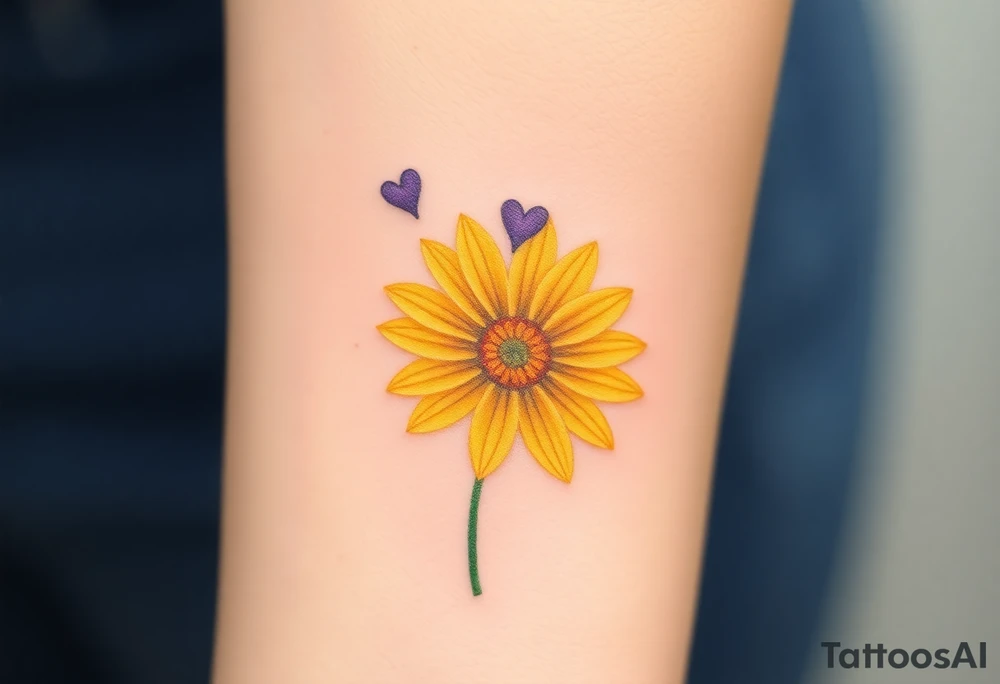 Yellow daisy flower with Purple Hearts tattoo idea