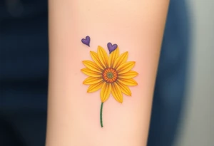 Yellow daisy flower with Purple Hearts tattoo idea