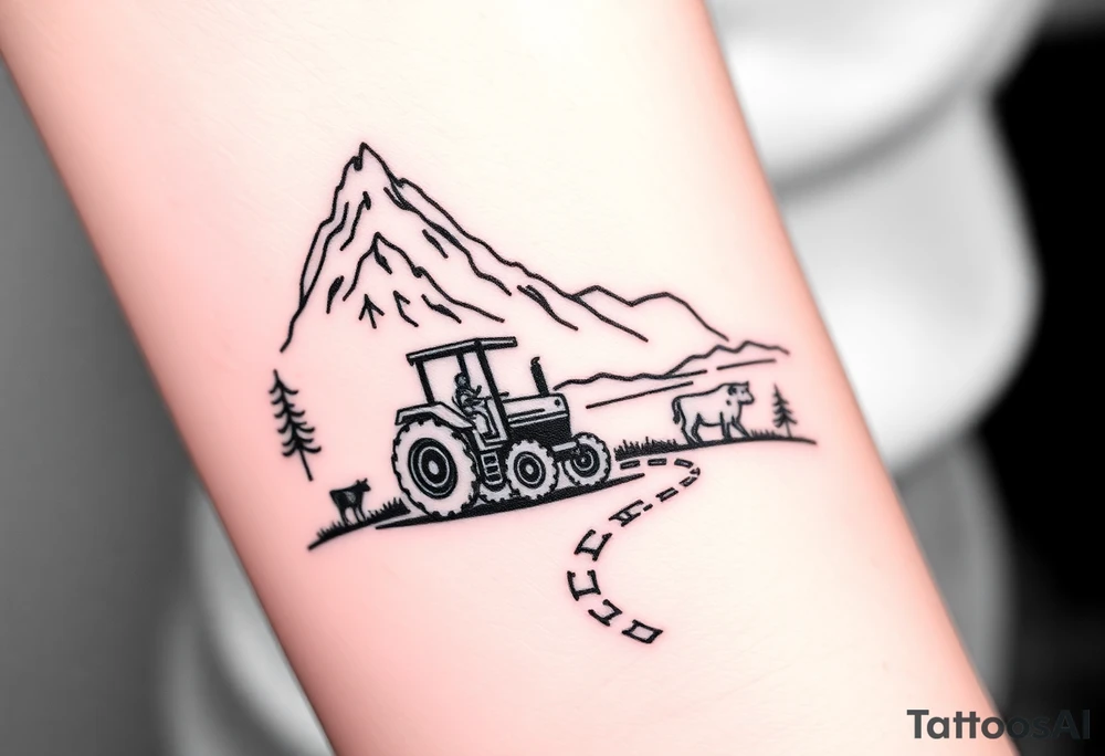 mountain, road, vantage tractor, cow, sunset tattoo idea