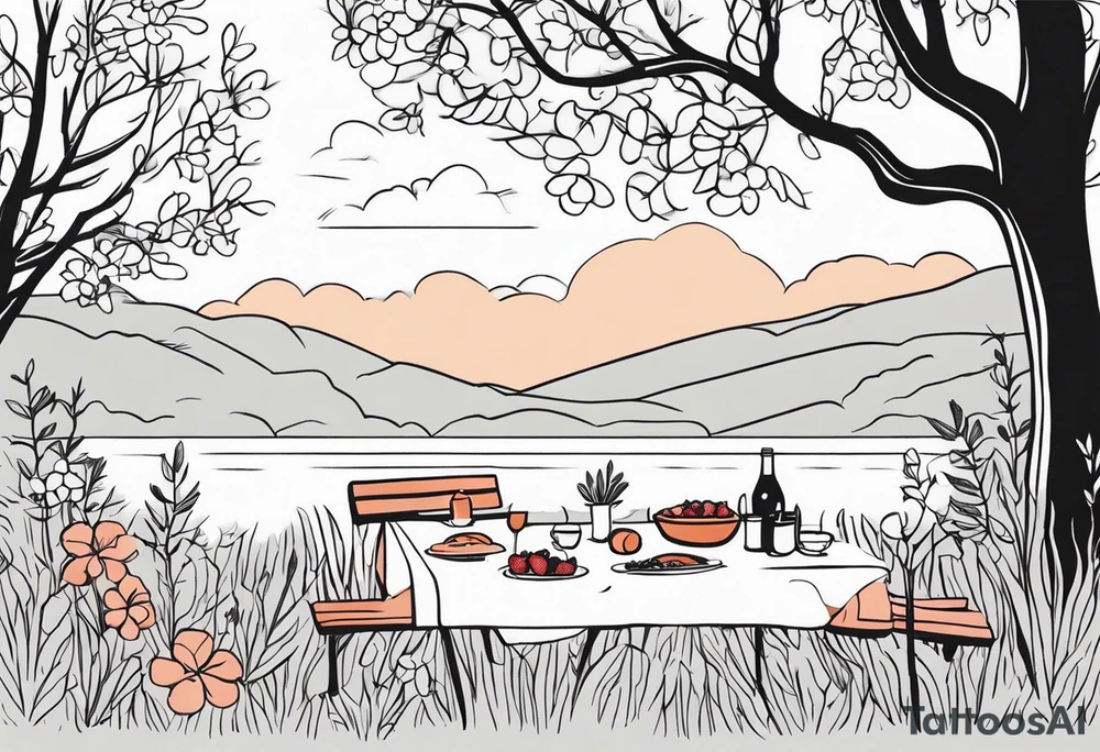 picnic scene in nature with florwers. bushes and trees. No food, no poeple. tattoo idea