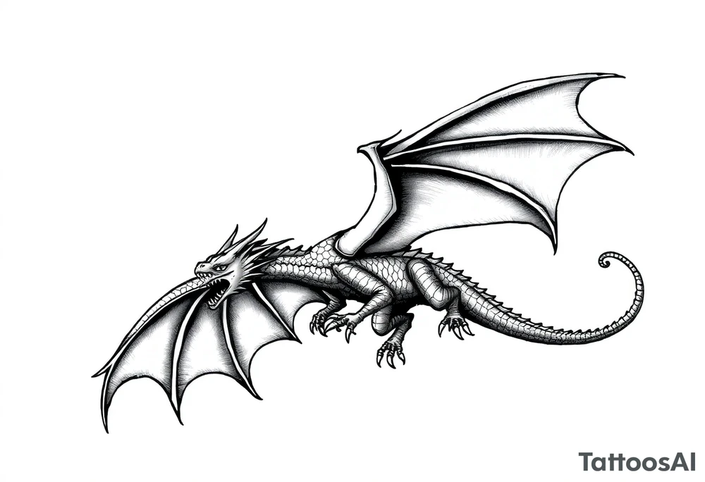 Dragon flying with outstretched wings on both sides and a long and slender body and outstretched tail tattoo idea