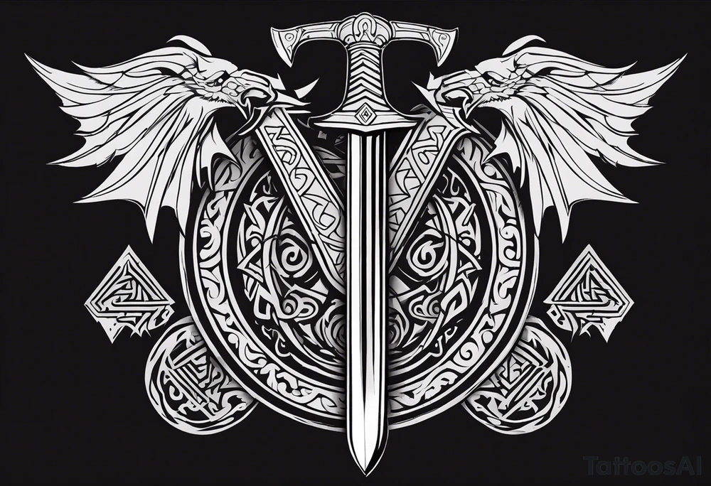 Valhalla sword shield dragon axe Valknut tribal tattoo idea Valhalla sword shield dragon axe Valknut tribal tattoo idea