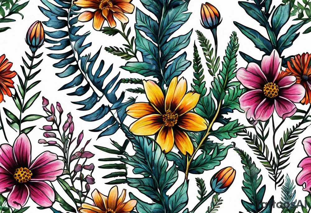saturated mixed wildflower with ferns and with color tattoo idea