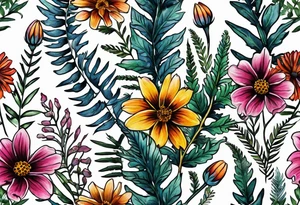 saturated mixed wildflower with ferns and with color tattoo idea