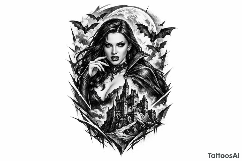 female vampire,bats,full moon,a castle. tattoo idea