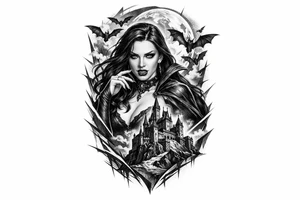 female vampire,bats,full moon,a castle. tattoo idea
