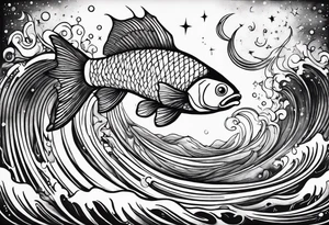 A fish jumping out of rapid waters and into  constellations and the universe tattoo idea