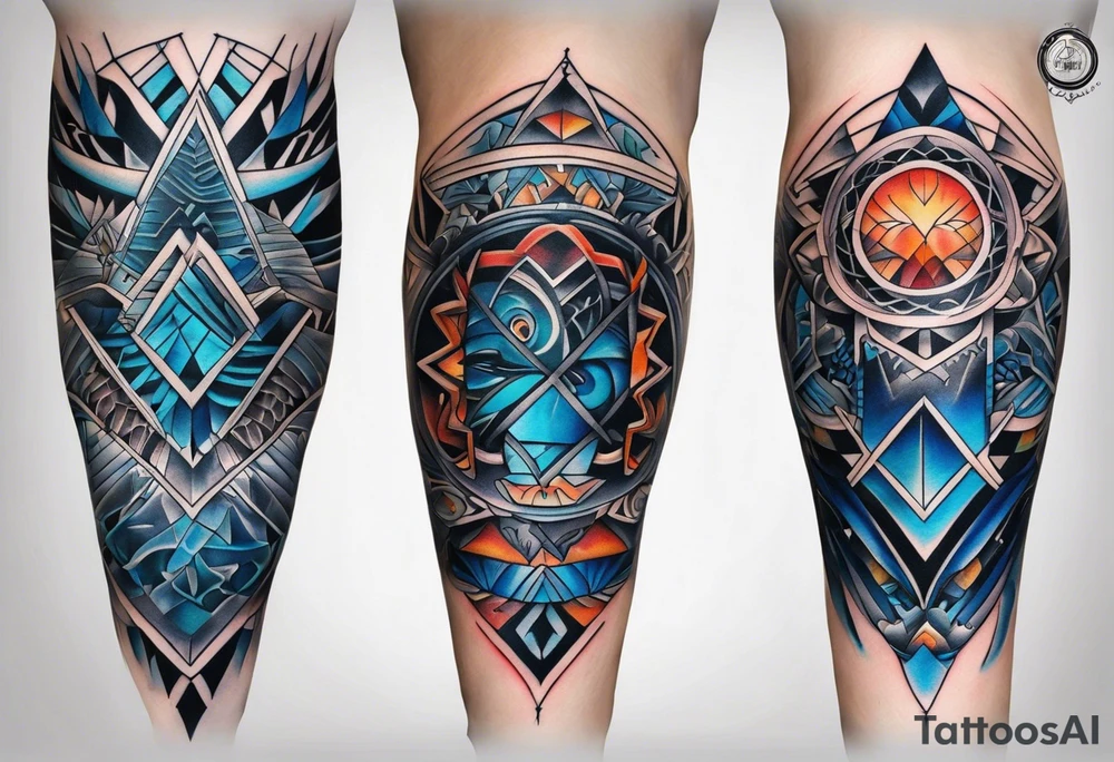 semi Detailed neo traditional knee tattoo flat on paper. The tattoo features geometric patterns and bold lines, creating a visually striking design with slight tints of deep fall colors. outside the tattoo features deep blues washes and water swirls tattoo idea