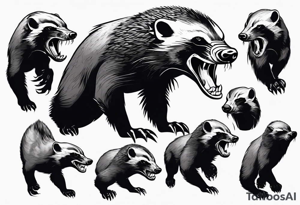 An angry, snarling, detailed honey badger with its face forward and paws spread tattoo idea