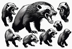 An angry, snarling, detailed honey badger with its face forward and paws spread tattoo idea