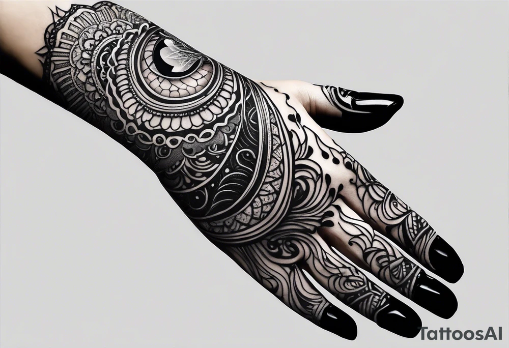 Elbow length lace glove with swirls and whorls of black ink and large feline eye on the palm tattoo idea