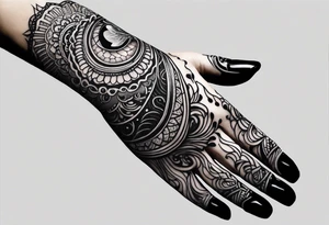Elbow length lace glove with swirls and whorls of black ink and large feline eye on the palm tattoo idea