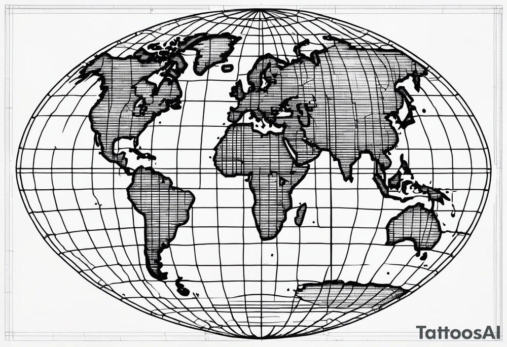 flat map of the earth with lines of a grid not shaded in with no bolding tattoo idea