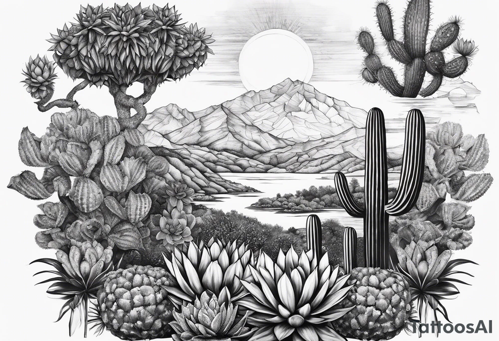 Fenix , cactos e árvore da vida por do sol braço parte de cima tattoo idea Fenix , cactos e árvore da vida por do sol braço parte de cima tattoo idea