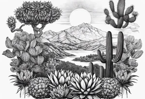 Fenix ,  cactos e árvore da vida por do sol braço parte de cima tattoo idea