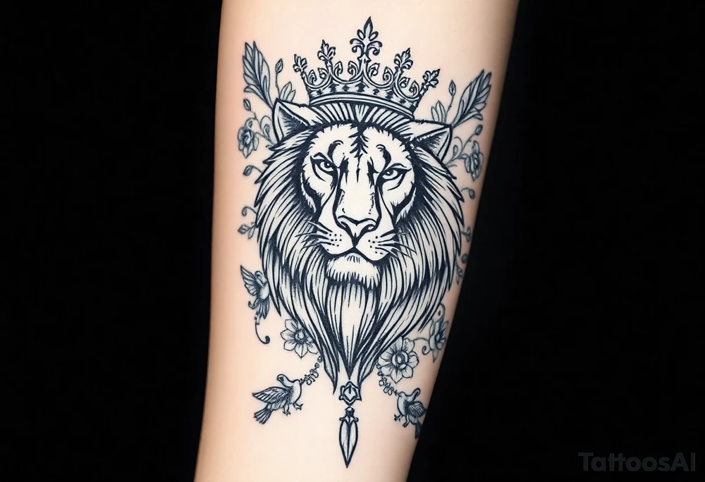 powerful majestic lion with a crown, surrounded by floral ornaments and birds tattoo idea