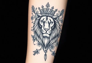 powerful majestic lion with a crown, surrounded by floral ornaments and birds tattoo idea