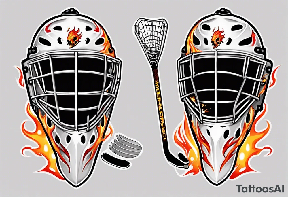 a goalie mask with crossed hockey sticks and flames "SHOT HOCKEY" tattoo idea