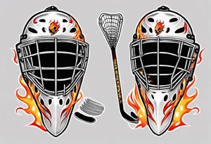 a goalie mask with crossed hockey sticks and flames "SHOT HOCKEY" tattoo idea