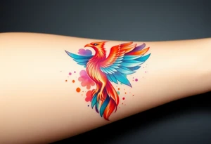 Phoenix in a fire with purple, blue, orange, teal and green splashes, looking upwards with a fierce eye. No black outline. tattoo idea