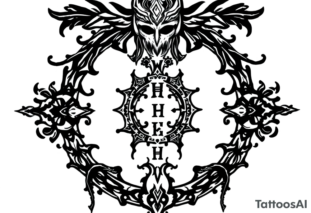 mystical long ornament tattoo with shaman and witch style and ancient rhyme letters outside tattoo idea
